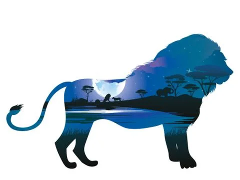 African Night with Lion Illustrazione stock