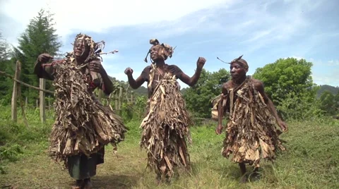 African People from Batwa Tribe Dancing in Slow Montion in Traditional Outfit Stock Footage