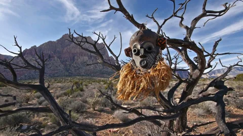 African Primitive Mask Scary Savage Landscape Wide Stock Footage
