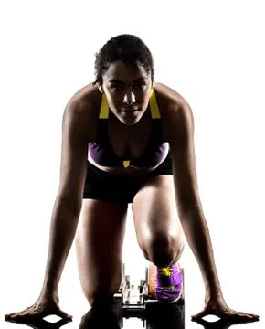 African runner running sprinter sprinting woman isolated white b Stock Photos