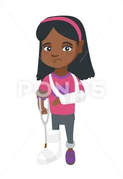 African sad injured girl with broken arm and leg. Stock Illustration