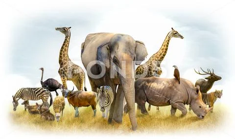 African safari and Asian animals in the theme illustration, filled with many Stock Photos