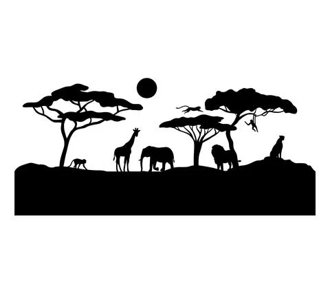 African safari animal silhouette. Vector black landscape scene with trees, lion Stock Illustration