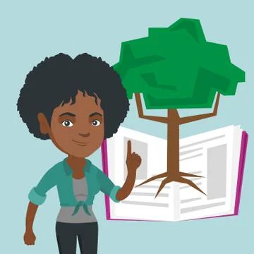 African student pointing at tree of knowledge. Illustrazione stock
