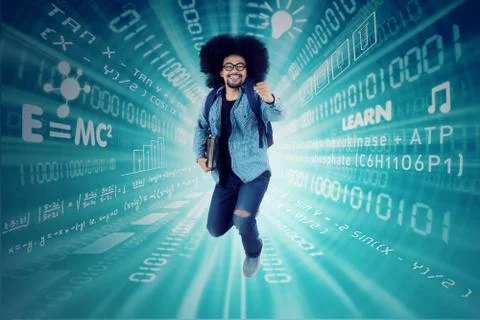 African student running with binary code Stock Photos