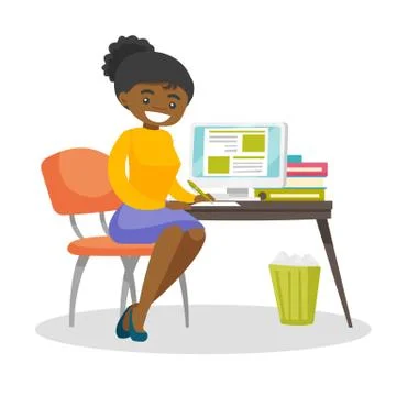 African student using a computer for education. Illustrazione stock