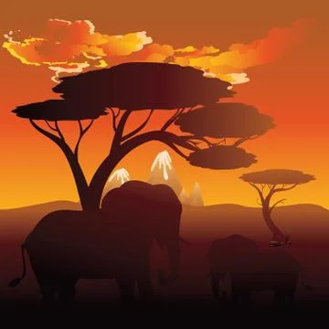 African Sunset with Elephant Ilustración de archivo