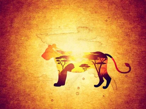 African Sunset with Lion Grunge 스톡 일러스트