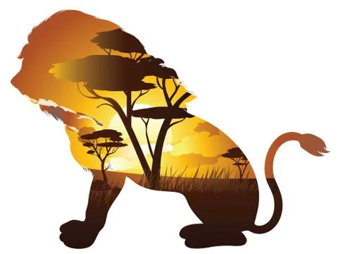 African Sunset with Lion Illustrazione stock