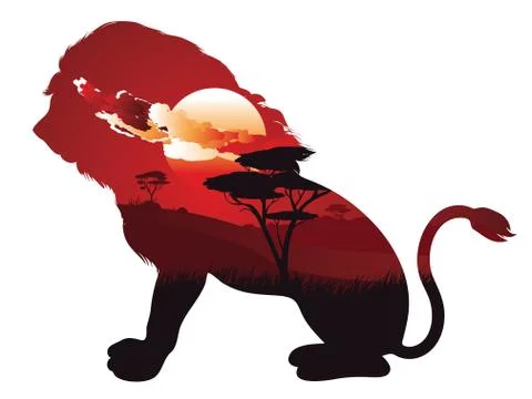 African Sunset with Lion 스톡 일러스트