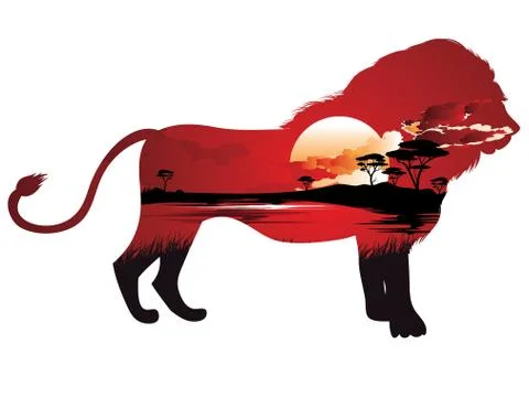 African Sunset with Lion Stockillustratie