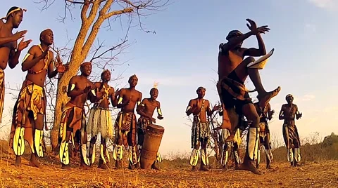 African tribal song and dance variations in Victoria Falls, Zimbabwe. Stock Footage