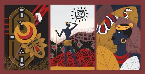 African tribe pattern, wallpaper set, aborigine warrior, tribal tattoo and Stock Illustration