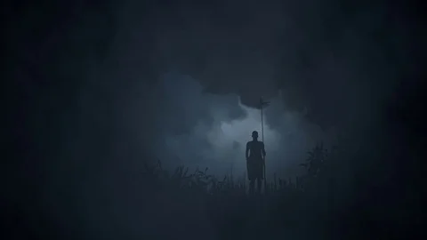 African Tribe Warrior standing Under a Lightning Storm Stock Footage 84629417