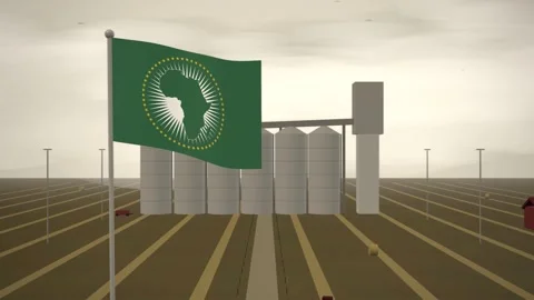 African Union Flag Flying Over Farmland Grain Silos Fields seamless loop Stock-Footage 344782868