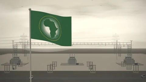 African Union Flag Flying Over High Voltage Electrical Substation seamless loop 스톡 동영상 344782869