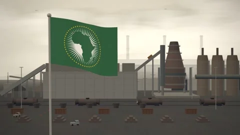 African Union Flag Flying Over Steel Mill Blast Furnace seamless loop Stock Footage 344782953
