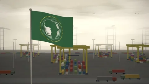 African Union Flag Flying Over Container Terminal Stacking Yard seamless loop Stock Footage 344782955