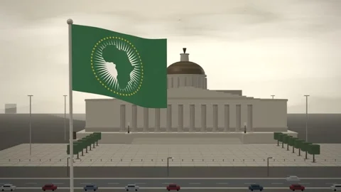 African Union Flag Flying Over Courthouse Colonnade And Dome seamless loop Stockbeeldmateriaal 344782972