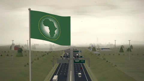 African Union Flag Flying Over Interstate Highway Rural Traffic seamless loop Видео 344783044