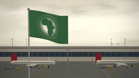 African Union Flag Flying Over Airport Runway Aircraft Apron seamless loop Vidéo 344783145