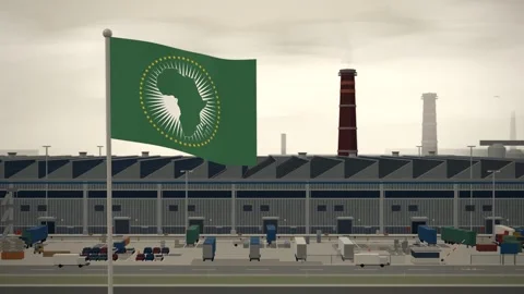 African Union Flag Flying Over Manufacturing Factory Industrial Plant seamless Видео 344783264