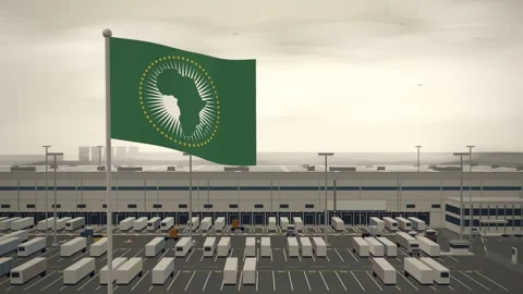 African Union Flag Flying Over Logistics Warehouse Distribution Centre seamless Stock Footage 344966094