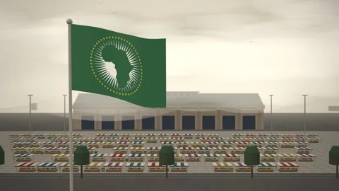 African Union Flag Flying Over Open Air Market Stalls seamless loop 库存影片 345876229