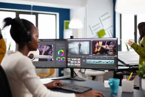 African video editor working with footage and sound Stock Photos