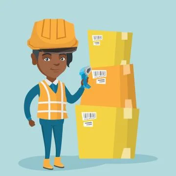 African warehouse worker scanning barcode on box. 库存插图