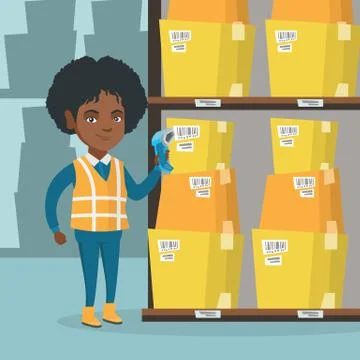 African warehouse worker scanning barcode on box. 库存插图