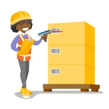 African warehouse worker scanning barcode on box. 库存插图