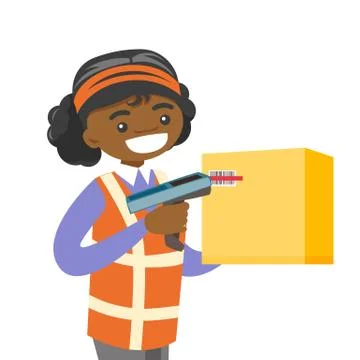 African warehouse worker scanning barcode on box. 库存插图