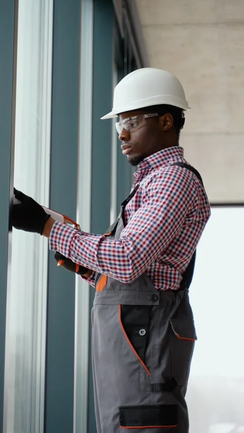 African windows installation worker use of silicone foam when installing pvc Stock Footage 260761549