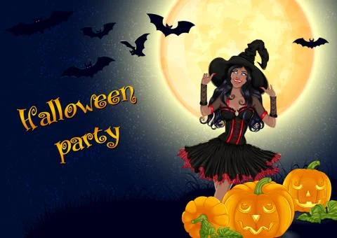 African witch and pumpkins on full moon background Stock Illustration