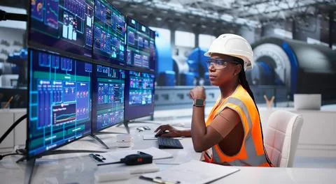 African Woman Engineer Using Computer Screens To Monitor Power Plant Systems. Fotos Stock