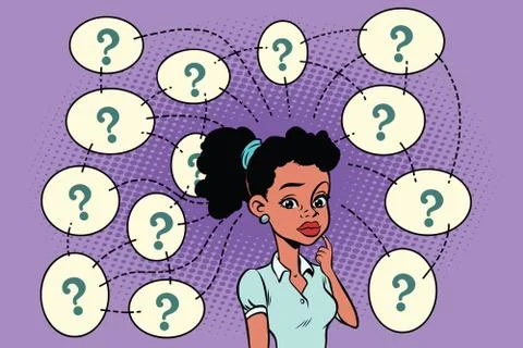 African woman solves the problem, questions and reflections Stock Illustration