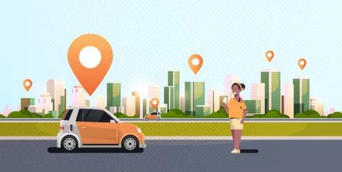 African woman using mobile app ordering automobile vehicle with location mark Stock Illustration