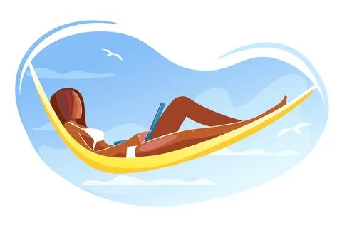 African Woman Working on Laptop Lying in Hammock on Beach. Freelancer, remote Stock Illustration