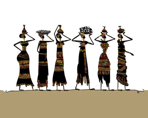African women with jugs and food, wearing ethnic dresses. Art silhouette for Stock Illustration