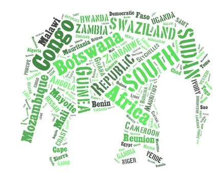 African words cloud in elephant shape. Stock Illustration