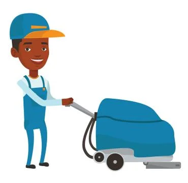 African worker cleaning store floor with machine Stock Illustration