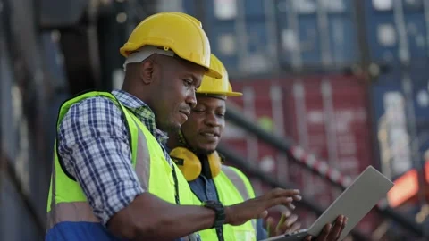 African worker men. Engineer. Technician checking container logistics. 스톡 동영상 167823308