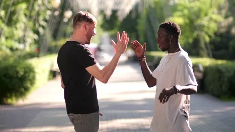 Afro American and a white guy shake hands and have fun talking in the Park Stock Footage 132363101