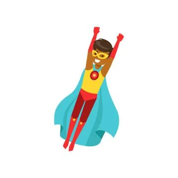 Afro american boy character dressed as a super hero flying in the traditional Stock Illustration