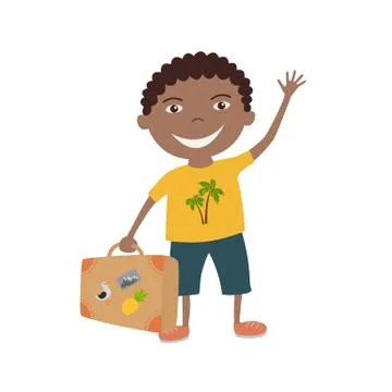 Afro American boy with a suitcase, vector illustration Stock Illustration