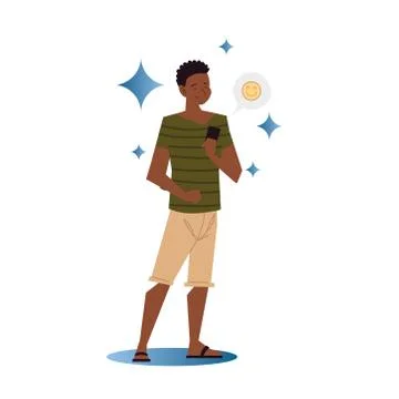 Afro american guy using smartphone sending emoji Stock Illustration