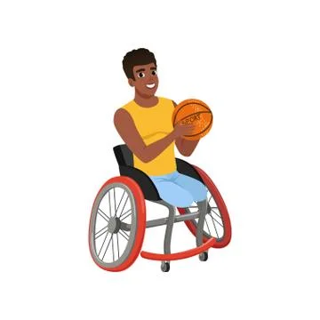Afro-American guy without legs sitting in wheelchair and holding ball 스톡 일러스트
