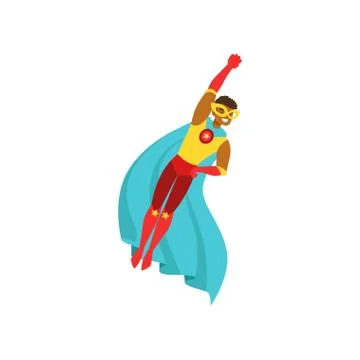 Afro american man character dressed as a super hero flying in the traditional Stock Illustration
