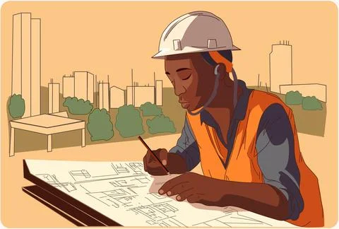 Afro architect working on a blueprint at a construction site. 스톡 일러스트